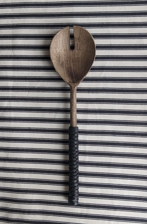 Wood Slotted Spoon with Leather Wrapped Handle